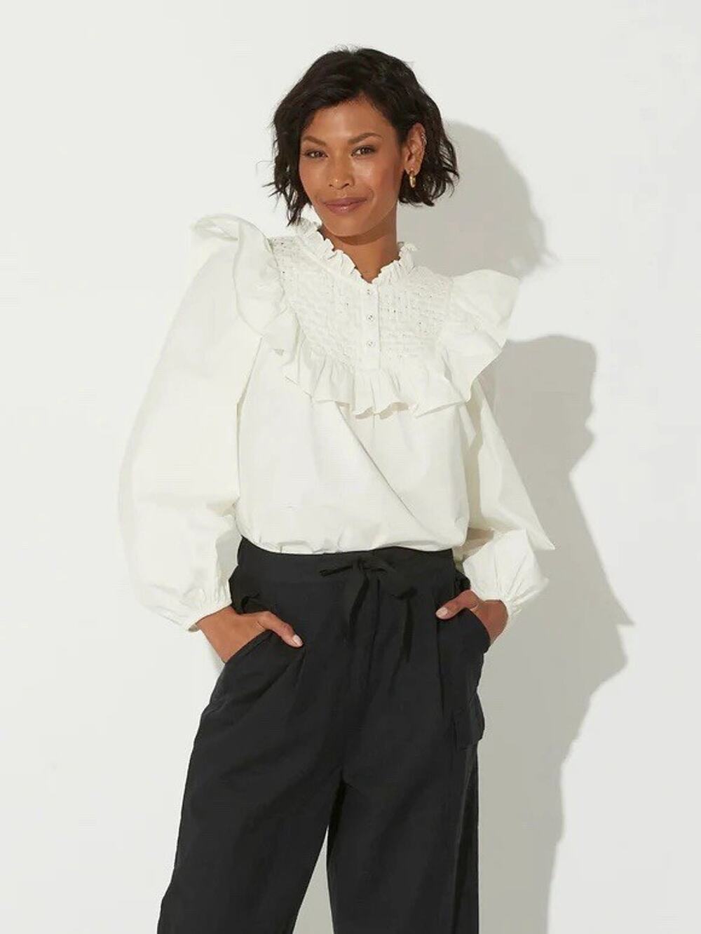 Cleobella White Ruffle Vivienne Blouse L